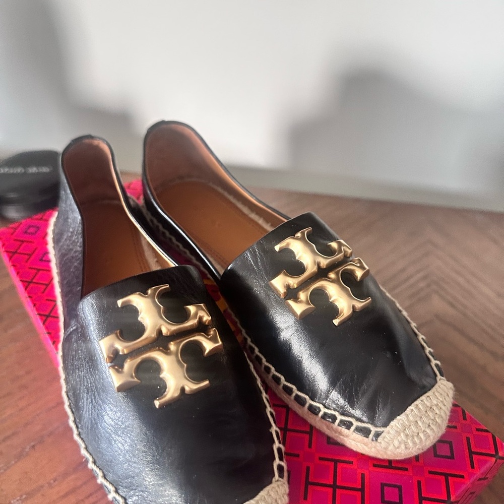 Tory Burch Black and Gold Slip-On Espadrilles